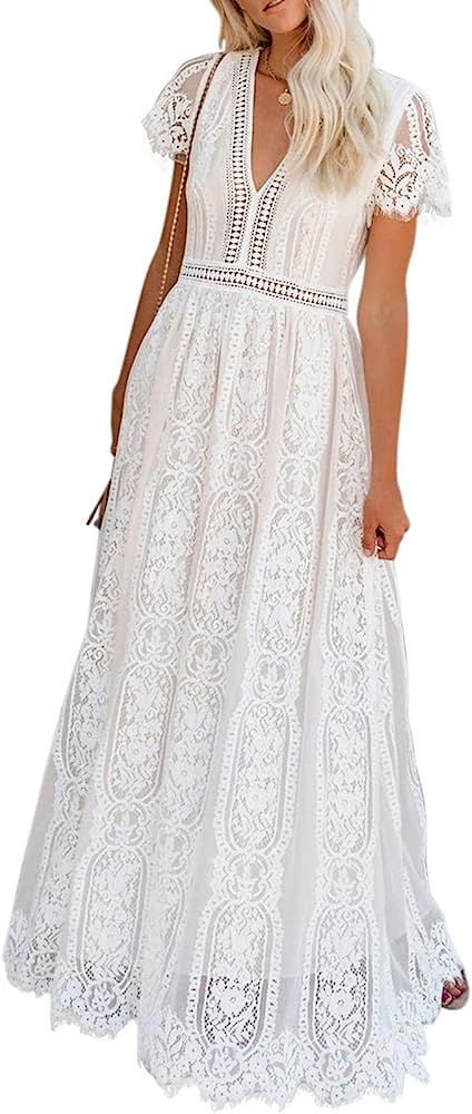 BLENCOT Womens Casual Boho Floral Lace V Neck Long Evening Dress Cocktail Party Maxi Wedding Dresses | Amazon (US)