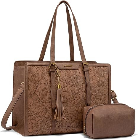 LOVEVOOK Laptop Bag for Women - PU Leather Vintage Laptop Tote Bag,15.6inch Large Capacity Comput... | Amazon (US)