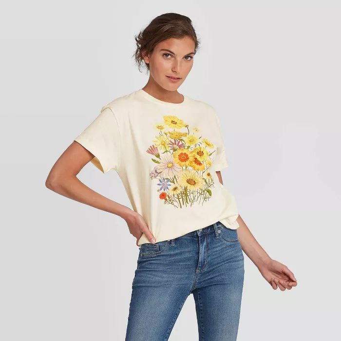 Women's Floral Print Rolled-Cuff Short Sleeve Graphic T-Shirt - Fifth Sun (Juniors') - Cream | Target