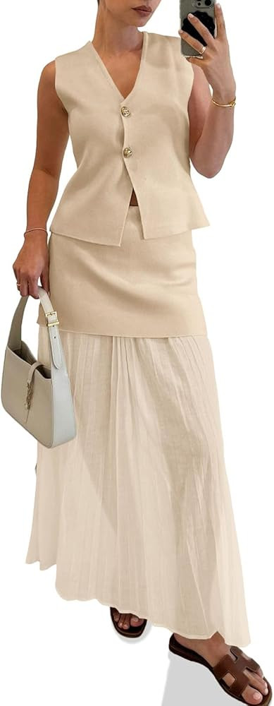 Cicy Bell Womens Summer 2 Piece Outfits V Neck Sleeveless Blazer Waistcoat and Mesh Maxi Skirt Su... | Amazon (US)