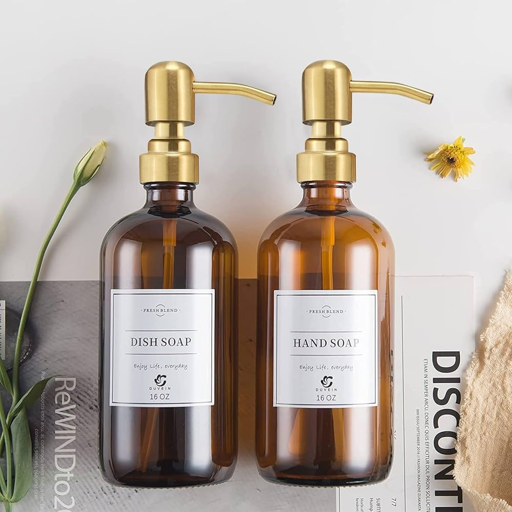 2 Pack Amber Glass Soap Dispenser,Rustproof Stainless Steel Pump,16oz Thick Farmhouse Amber Bottl... | Amazon (US)