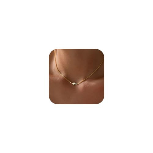 Rotnso Cross Necklace for Women 14K Gold Plated Dainty Small Sideways Cross Pendant Choker Simple Trendy Cute Cross Charm Box Chain Necklace Faith Jewelry Religious Minimalist Gift | Amazon (US)