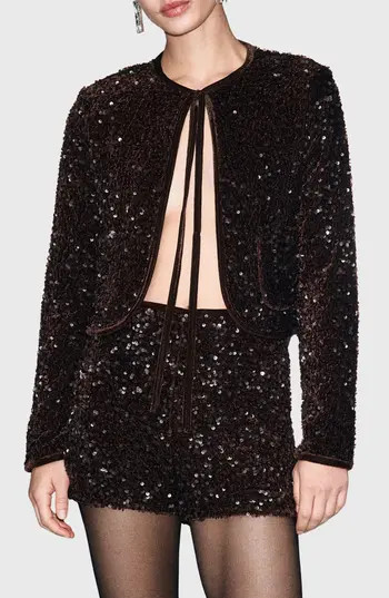 MANGO Sequin Velvet Tie Neck Jacket in Chocolate at Nordstrom Rack, Size Small | Nordstrom Rack