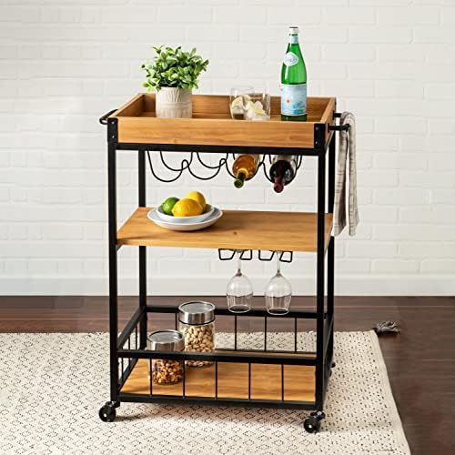 Honey Can Do Industrial Rolling Bar Cart with Removable Serving Tray CRT-08852 Natural | Amazon (US)