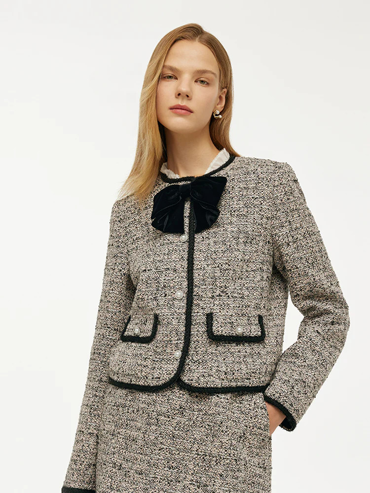 Tweed Women Crop Jacket With Detachable Bowknot | GOELIA