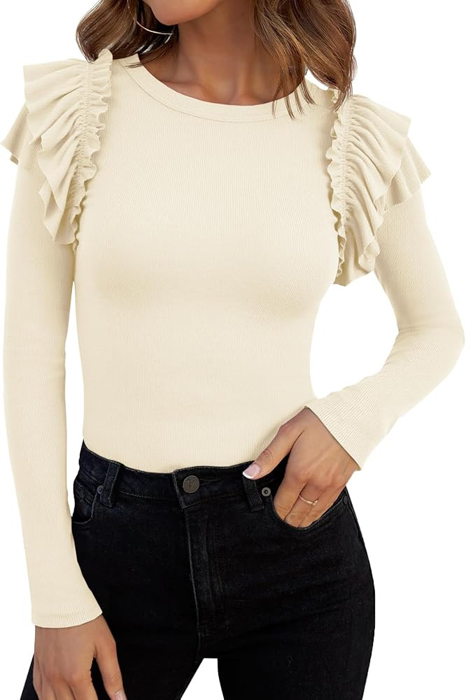 Tankaneo Womens Ruffle Long Sleeve Shirts Fitted Ribbed Knit Tops Fall Casual Crew Neck Tees | Amazon (US)