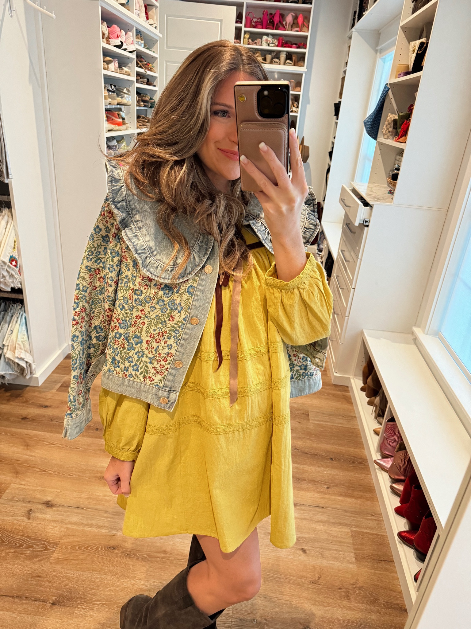 In a size medium in Amazon dress for my bump and in a size medium in jacket with denim Peter Pan collar on Amazon prime! 