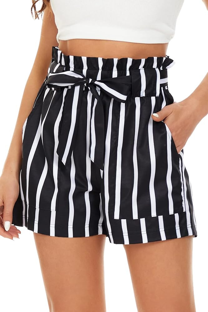 NEYOUQE Shorts for Women Summer Casual Bowknot Belted Elastic High Waisted Wide Leg Beach Loose S... | Amazon (US)