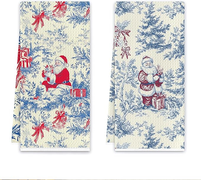 Vintage Blue Red Christmas Santa Kitchen Towels, Chinoiserie Christmas Dish Tea Towels for Kitche... | Amazon (US)