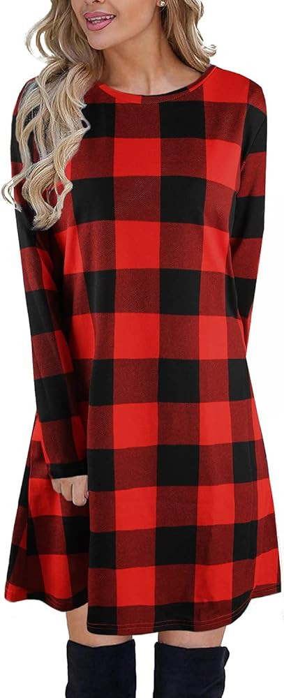 Blooming Jelly Women's Plaid Swing Dress Long Sleeve Round Neck Tunic Mini Dress | Amazon (US)