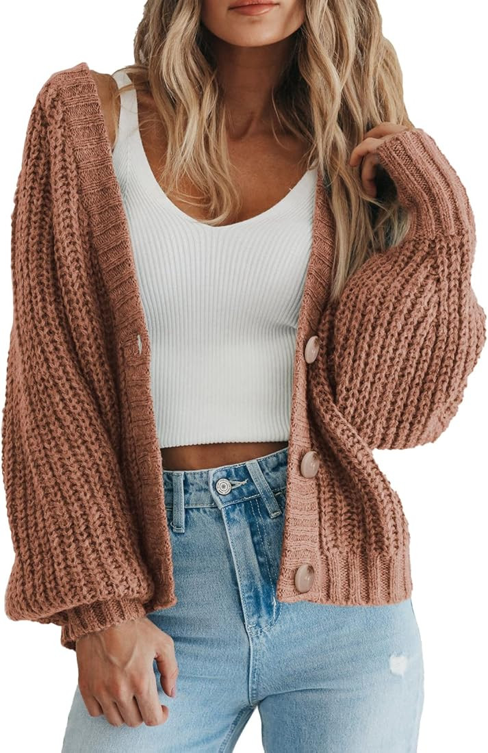 PRETTYGARDEN Women's Chunky Knit Open Front Sweater Long Sleeve Button Loose Short Cardigan Outerwea | Amazon (US)