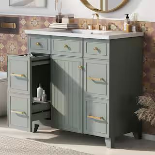 18 in. W x 36 in. D x 34 in. H Freestanding Bath Vanity in Green with Single White Cultured Marbl... | The Home Depot