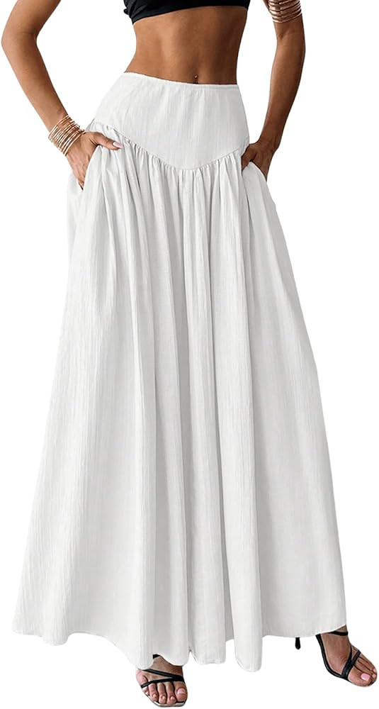 Milumia Women's Pleated Flowy Long Skirts High Waist Maxi Skirt with Pocket | Amazon (US)