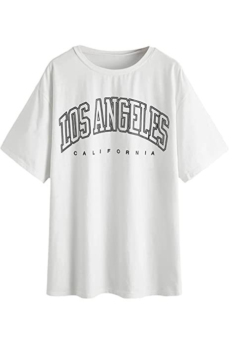 SheIn Women's Novelty Letter Graphic Oversized Drop Shoulder Longline Tee Tshirts | Amazon (US)