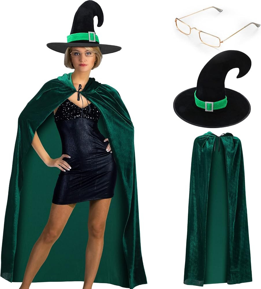 Jiuguva 3 Pcs Halloween Costume Adult Women Set Includes Hooded Cloak Witch Hat and Rimless Glass... | Amazon (US)