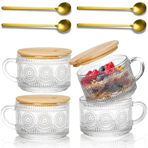 Pumtus 4 Pack Vintage Glass Coffee Mugs, 14 OZ Embossed Tea Cups with Bamboo Lids and Spoons, Clear Drinking Glassware with Handle, Breakfast Cup Overnight Oats Container for Latte Cereal Yogurt Milk | Amazon (US)