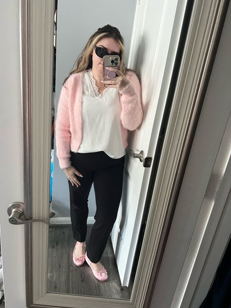 Office outfit 

Midsize outfit, sweater, lace trim tank, bow ballet flat, pink ballet flats, business casual outfit, workwear 

#LTKmidsize #LTKworkwear #LTKstyletip