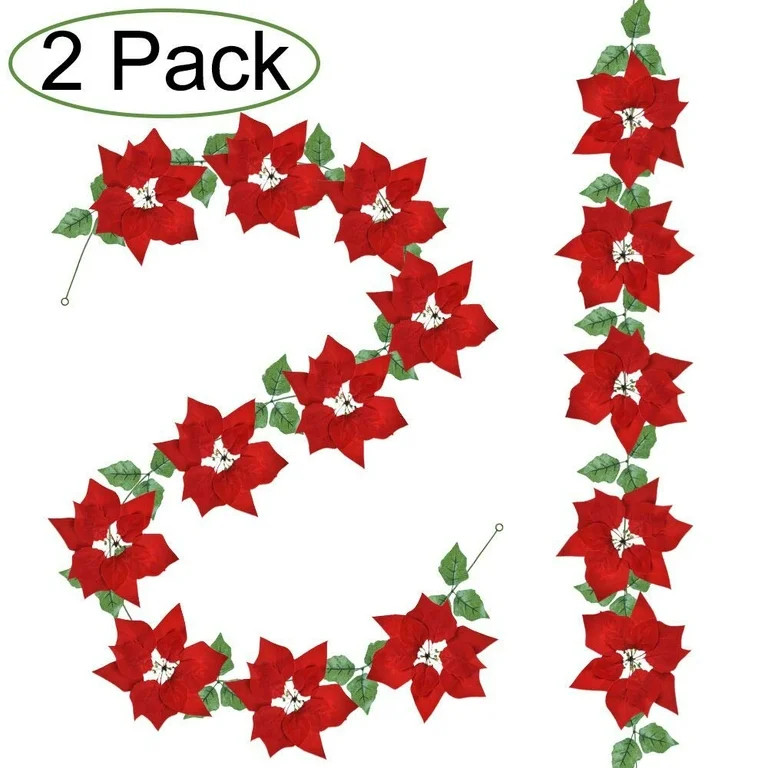 2 Pack Christmas Red Poinsettia Garland Christmas Decorations Christmas Garland with Holly Leaves... | Walmart (US)