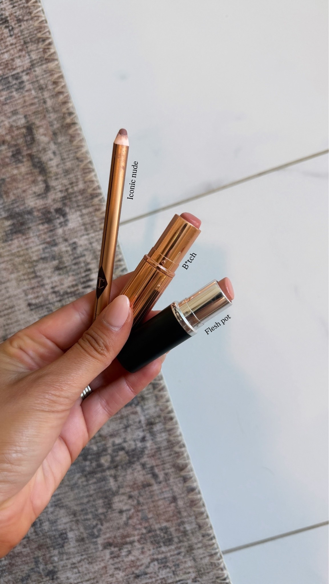 Today's lippie. In order: iconic nude lip liner, top with charlotte finish b*tch perfect and top bottom middle with flesh pot.

#LTKselfcare #LTKSeasonal #LTKBeauty