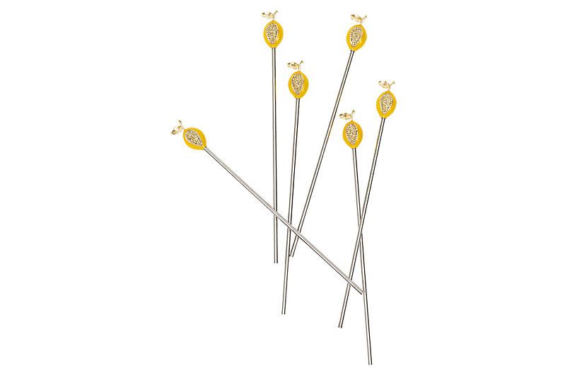 S/6 Lemon Swizzle Sticks, Silver/Yellow | One Kings Lane