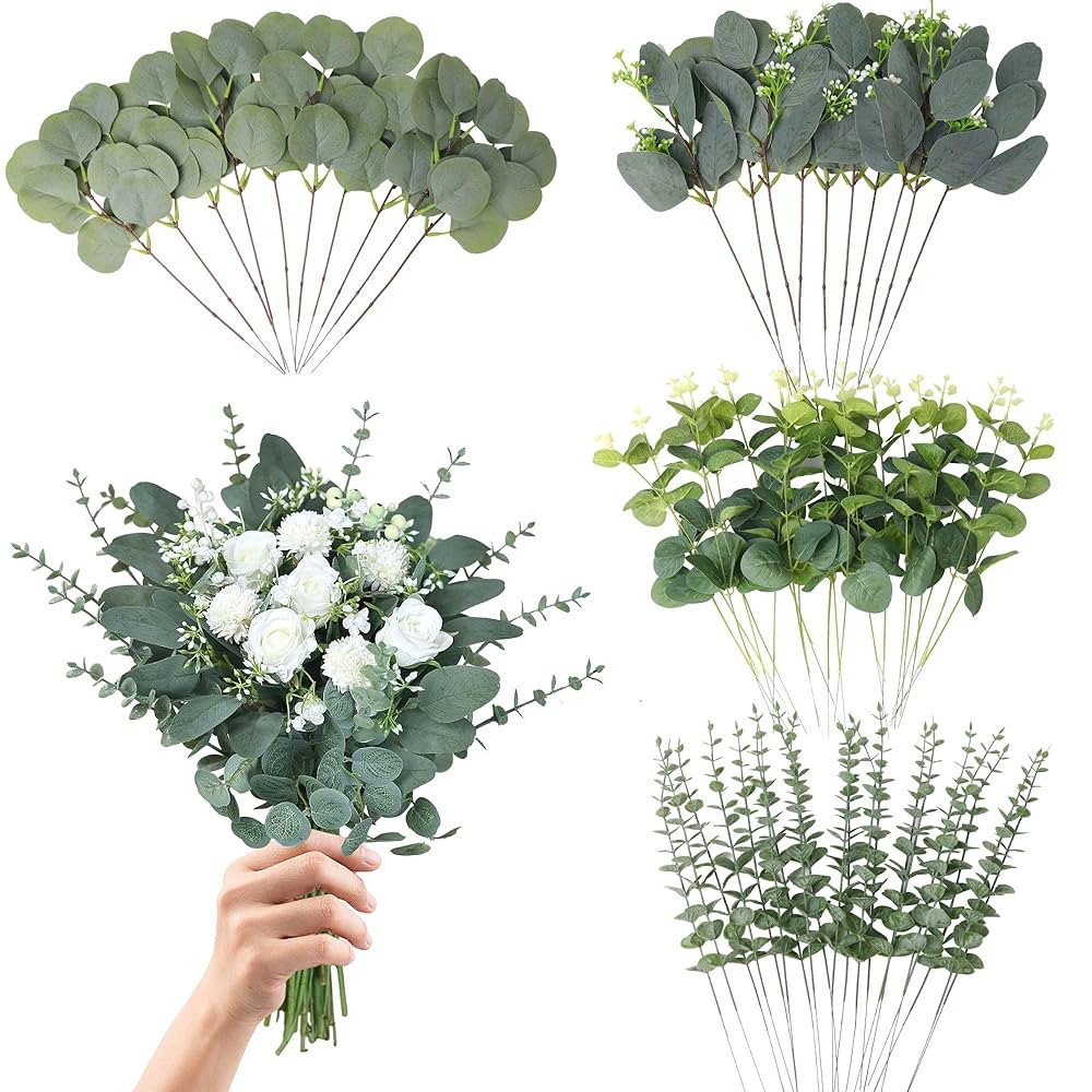 Eucalyptus Leaves Stems 60 PCS, 4 Kinds Mixed Artificial Greenery Stems for Wedding Decor Vase Fl... | Amazon (US)