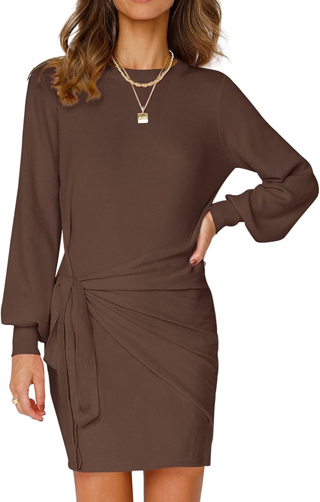 MEROKEETY Women's Puff Sleeve Tie Waist Sweater Dress Solid Color Soft Knitted Bodycon Mini Dress | Amazon (US)