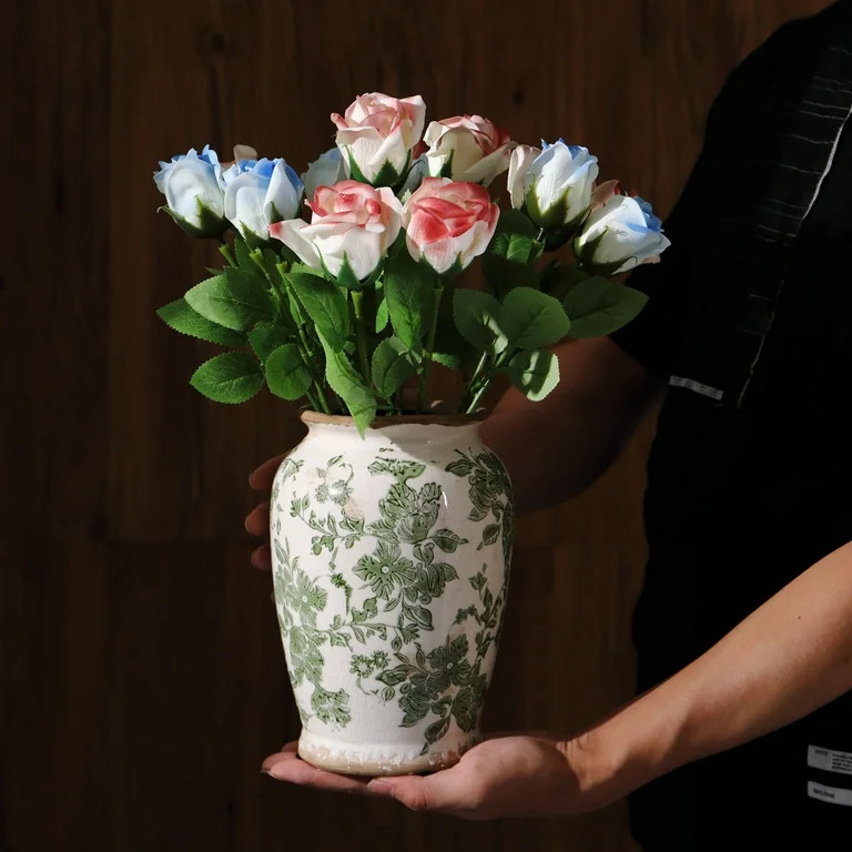 Vintage Ceramic Vase – Green Floral Chinoiserie Design, Rustic Large Vase for Flowers, Tuscan &... | Walmart (US)