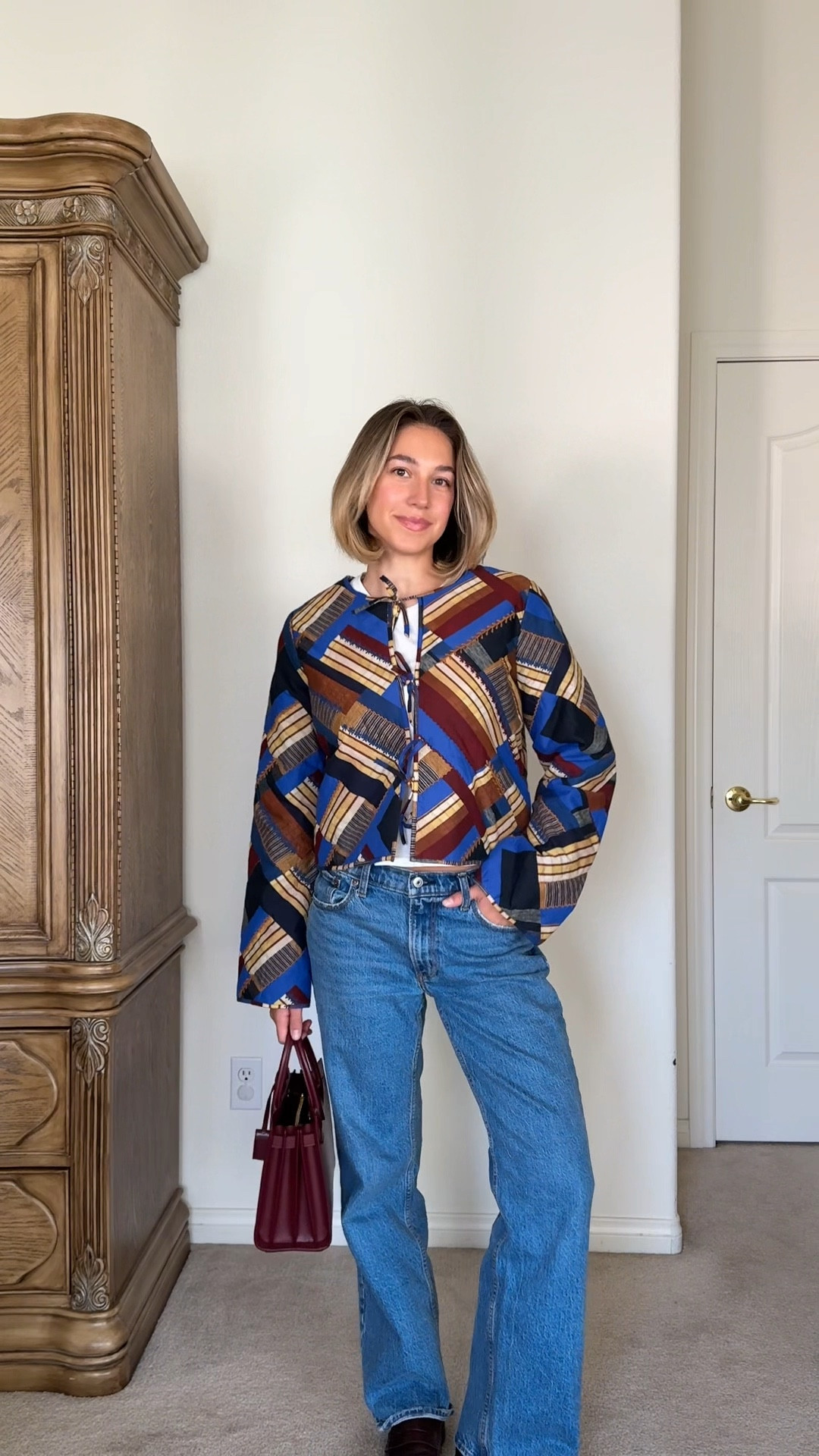 Fall outfit, fall style, fall jacket, quilted jacket, printed jacket, tie up jacket, tie top, medium wash denim, low rise jeans, low rise denim, burgundy loafers, loafers

#LTKSeasonal #LTKStyleTip