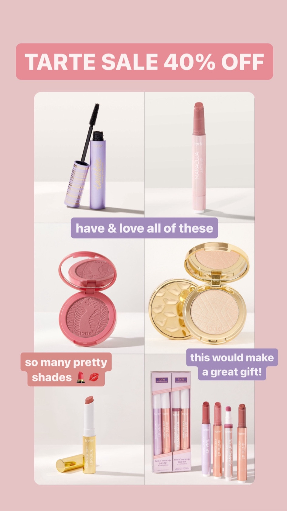 Tarte is having a 40% off sale right now! 40% off almost everything + free shipping with code CYBER

the top 4 items are some of my fav makeup products I use daily!!! my blush shade is “glisten”. and this lip gloss set would make an awesome gift or stocking stuffer! 

Makeup / beauty / tarte / sale / lipstick / eye makeup / blush / gift guide 

#LTKBeauty #LTKGiftGuide #LTKHoliday