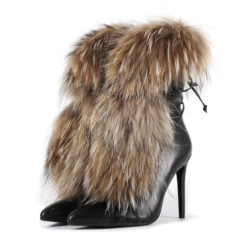 Frankie Hsu Handmade Stiletto Ankle High Heeled Bootie, Black Brown Furry Fuzzy Fur Fluffy Plush Girl Shoes For Women Men | Amazon (US)