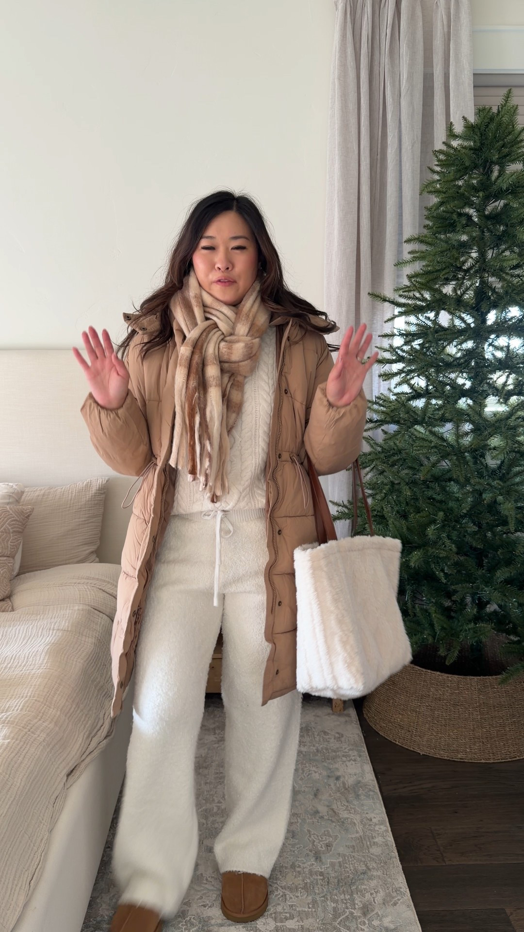 Casual holiday winter outfit
Sweater: Medium
Comfy Pants: Medium
Coat: Small 