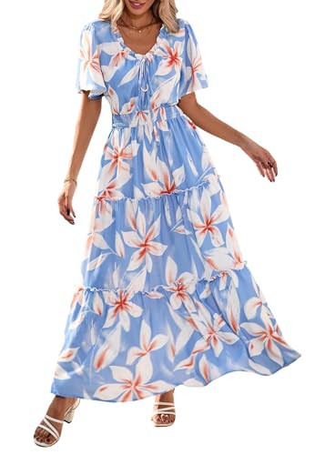 KIRUNDO Spring Summer Wedding Guest Dresses for Women 2026 Boho Floral Short Sleeve V Neck Ruffle Tiered Flowy Maxi Dress(Sky Blue, Small) | Amazon (US)