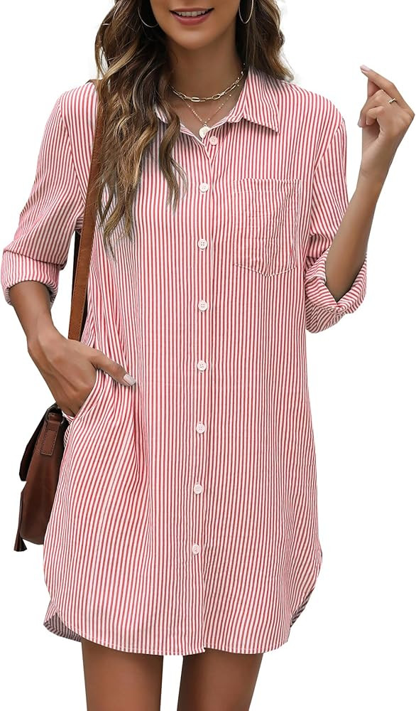 Women's Button Down Shirt Dress with Pockets Striped Long Sleeve Tunic Shirt Dress Collared Blous... | Amazon (US)