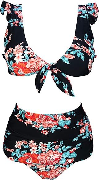 Women's Retro Floral High Waisted Shirred Bikini Set Tie Front Closure Top Ruffle Swimsuit(FBA) | Amazon (US)