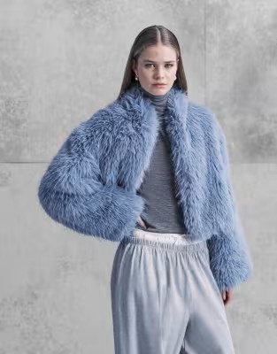 Aria Cove mongolian faux fur wide sleeve cropped jacket in blue | ASOS | ASOS (Global)