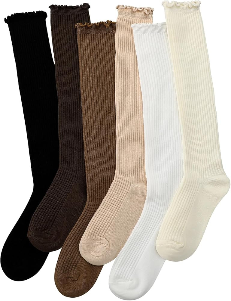 6 Pairs Women Ruffle Knee High Socks Turn Cuff Knit Breathable Cute Frilly Lettuce Dress Breathab... | Amazon (US)