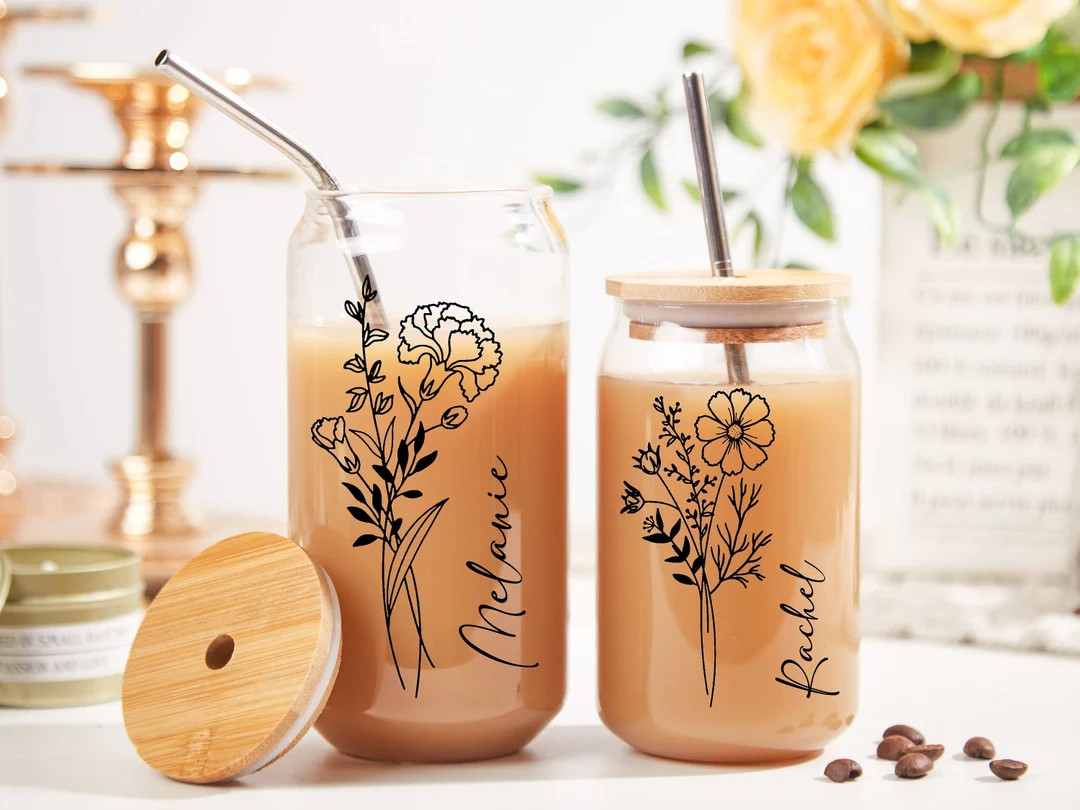 Personalized Birth Flower Tumbler With Name Gift For Mom Personalized Glass Coffee Mug iced coffe... | Etsy (US)