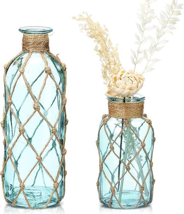 Chuangdi Set of 2 Coastal Glass Vases for Flower Small Flower Vase with Boho Rope Wrapping Beach ... | Amazon (US)