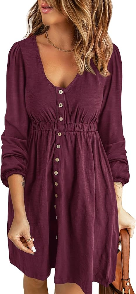 BTFBM Women 2024 Casual Button Down Spring Summer Dresses Long Sleeve Crew Neck Solid High Waist ... | Amazon (US)