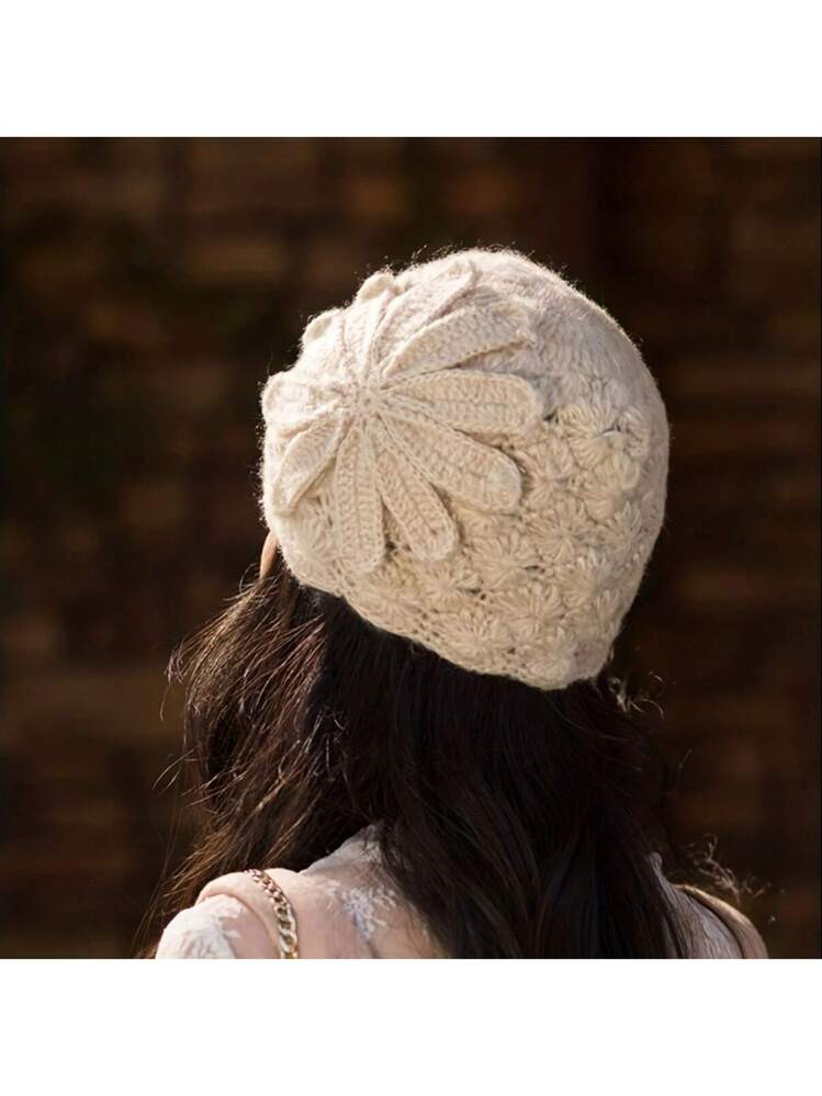 Fashion Handmade Crochet Hollow Out Big Flower Hat, Warm Head Scarf Knitted Beanie Cap, Casual Bo... | SHEIN