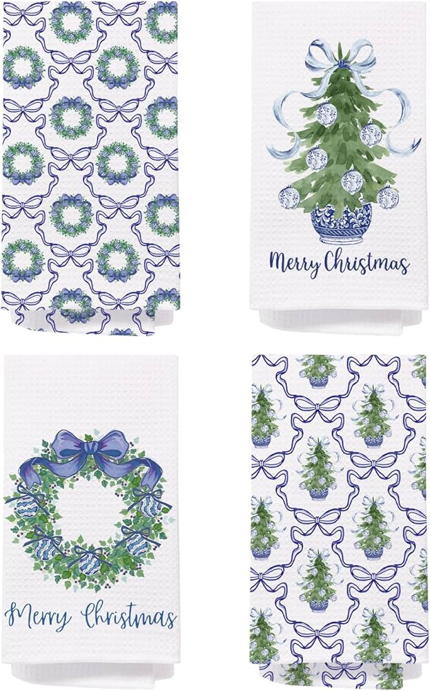 Chinoiserie Christmas Kitchen Towels,Set of 4 Blue Bow Coquette Christmas Tree Dish Towels for Ki... | Amazon (US)