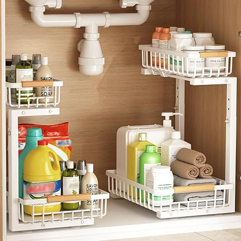 Under Sink Organizer Storage 2-Tier Premium Metal Pull-Out Racks, Height Adjustable, Easy Install... | Amazon (US)