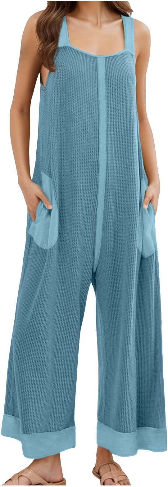 cooki Women's 2024 Summer Casual Rompers Waffle Knit Sleeveless Wide Leg Long Pants Overalls Stra... | Amazon (US)