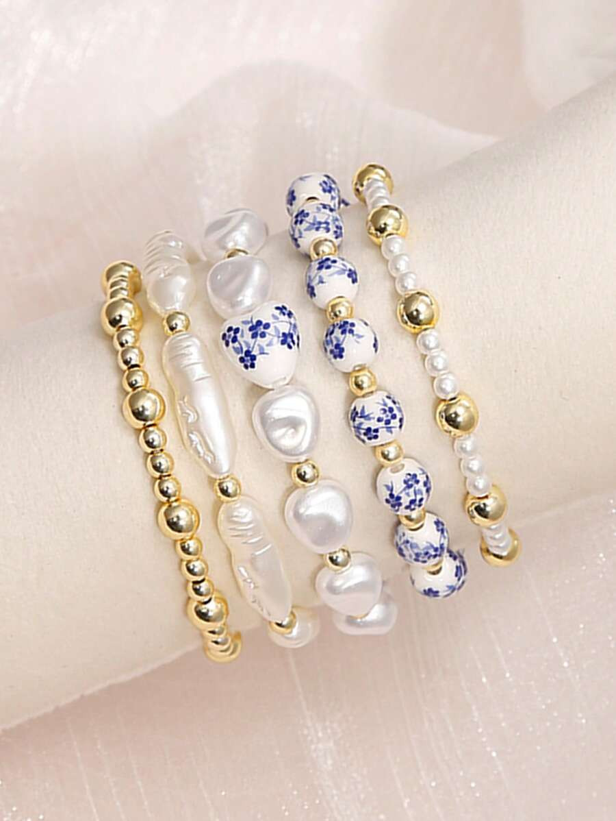 5PCS/Set Boho Style Blue And White Porcelain Faux Baroque Faux Pearl Beaded Golden Beaded Multi-L... | SHEIN