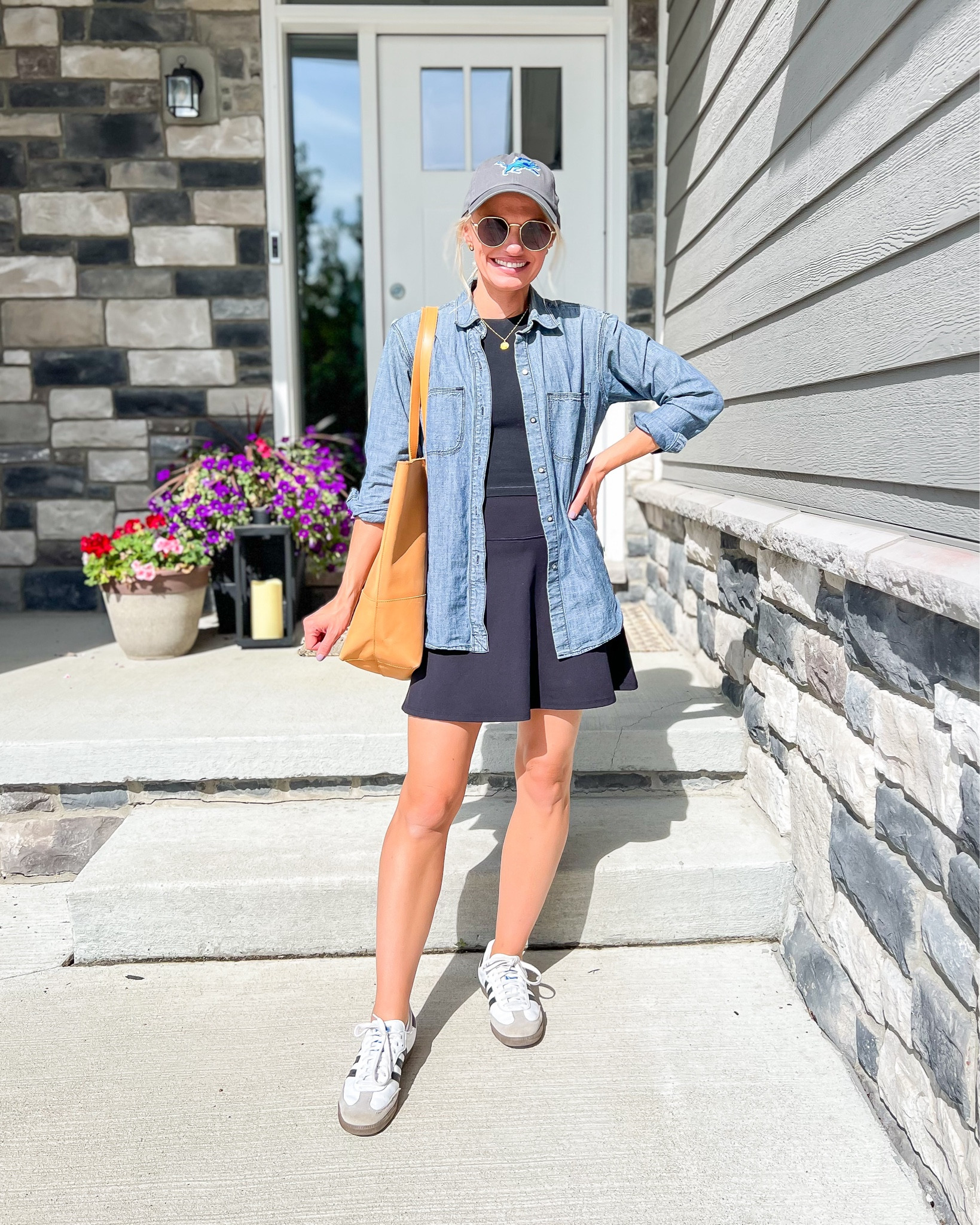 What I wore this week! My favorite early fall casual outfit is an all black athletic base like this layered with some denim. Top- small || skort- xs || shirt- thrifted, linked similar 

#LTKSeasonal #LTKSaleAlert #LTKStyleTip