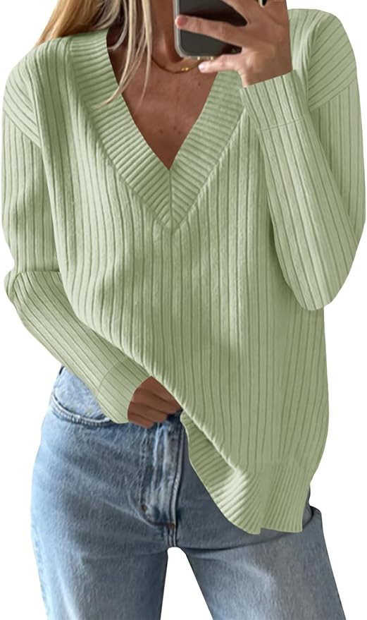 Saodimallsu Womens V Neck Sweater 2025 Fall Oversized Ribbed Knit Trendy Slit Casual Loose Fit Lo... | Amazon (US)