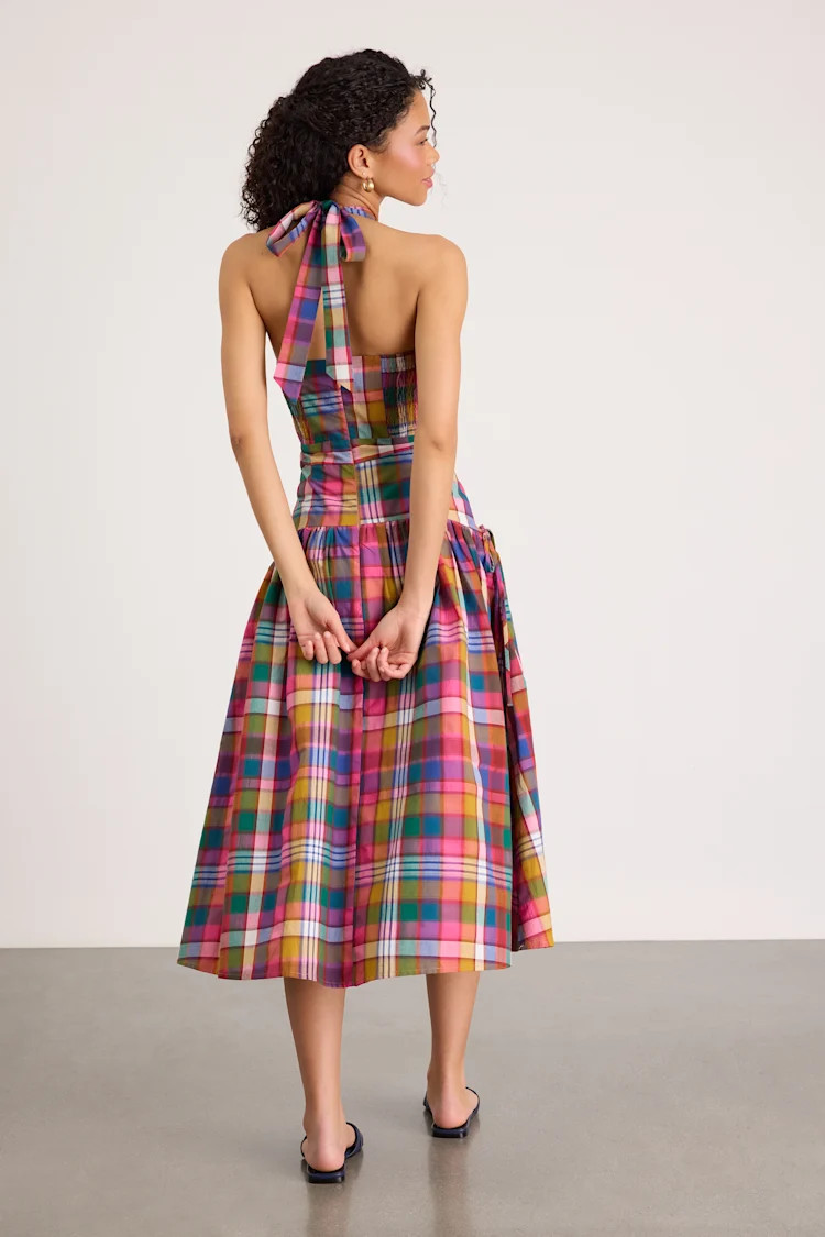 Rynna Pink Multi Plaid Cross-Front Halter Midi Dress | Lulus
