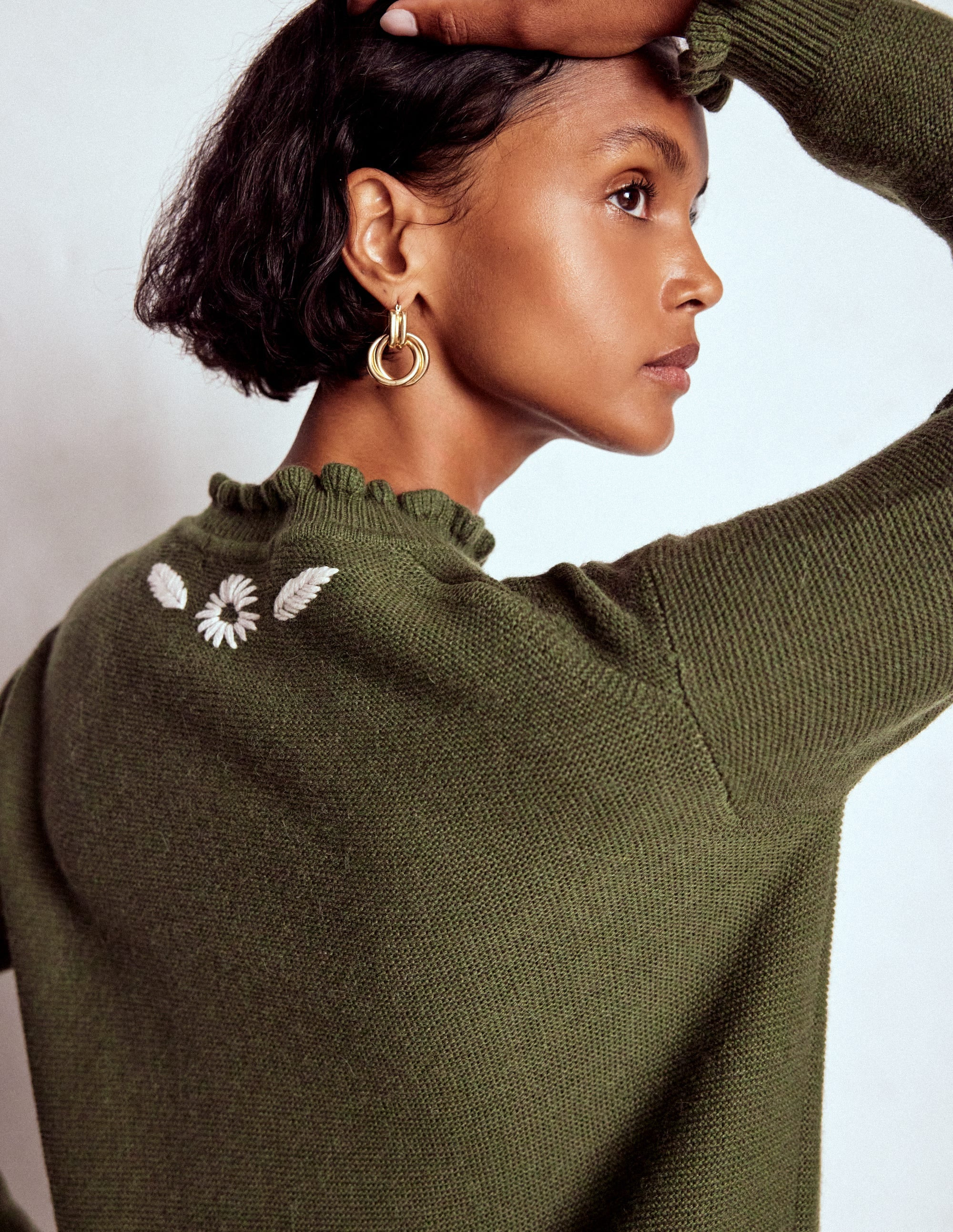 Embroidered Frill Sweater-Woodland Green Melange | Boden (US)