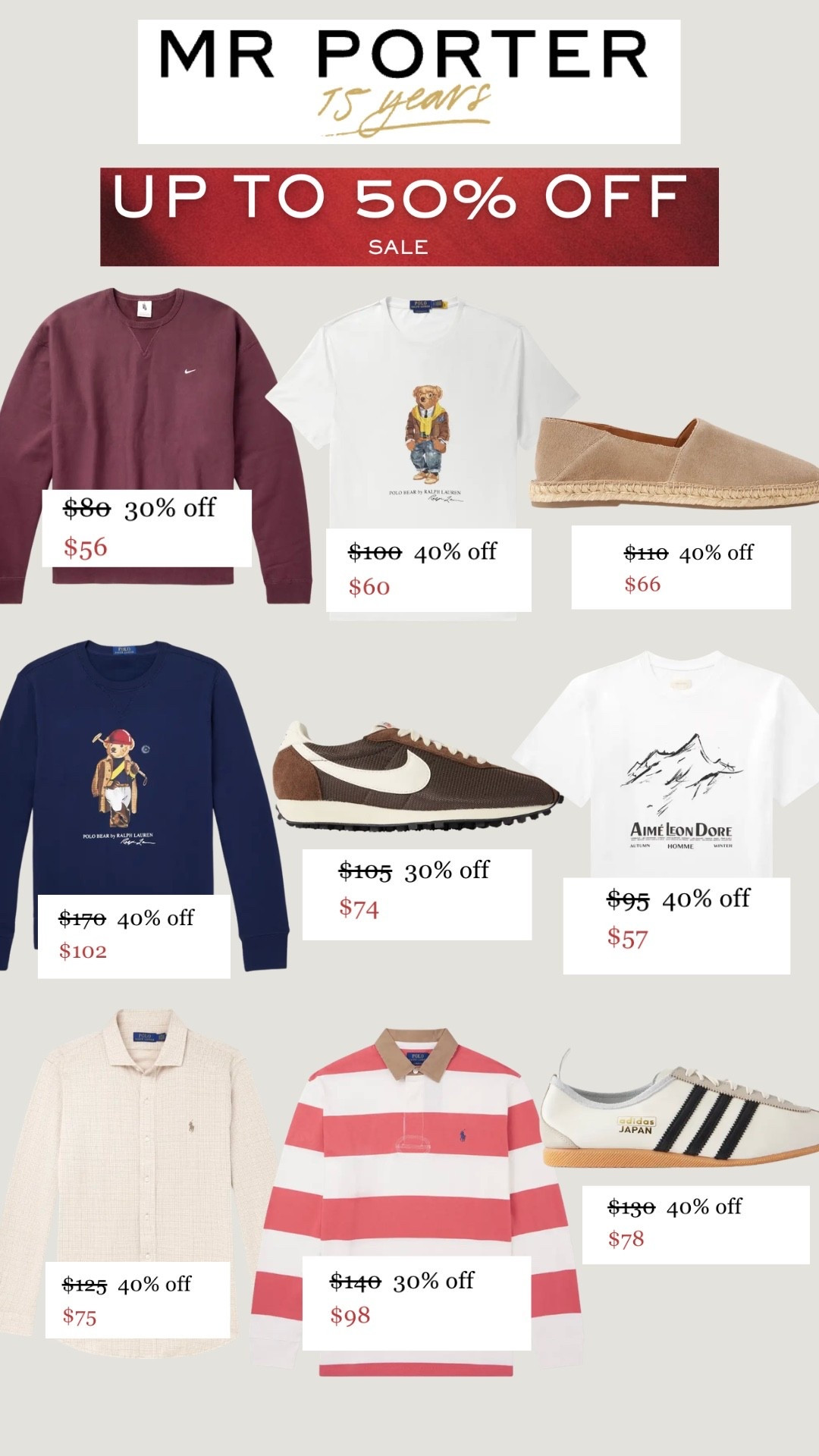 MR PORTER just dropped one of the best sales of the season. Up to 50% off on elevated basics, Polo Ralph Lauren, Aimé Leon Dore, adidas, and summer-ready footwear that rarely gets marked down. If you’re building a better wardrobe without paying full price, these are the pieces I’d start with.

#LTKMens #MensFashion #MensStyle #SummerStyle #SummerWardrobe #CapsuleWardrobe #Menswear #PoloRalphLauren #AimeLeonDore

#LTKgrwm #LTKootd #LTKMens
