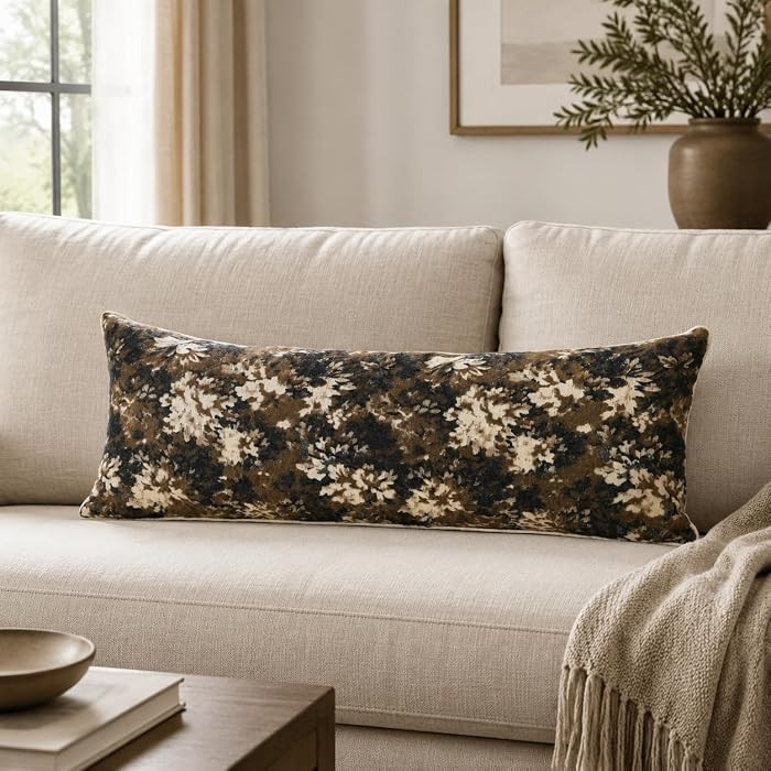 Vintage Floral 14x36 Lumbar Pillow Cover Chenille Coffee Brown | Amazon (US)
